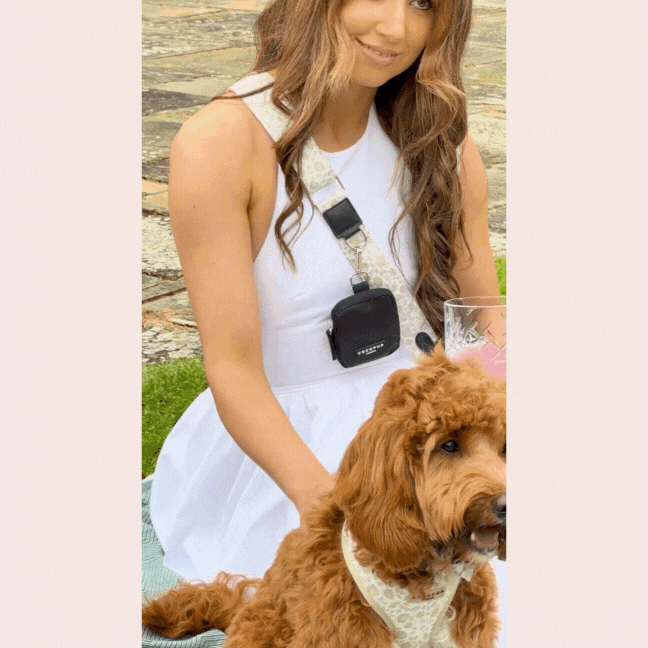 A woman with long, wavy brown hair is wearing a white sleeveless dress and carrying a small black bag with the Cocopup London Luxe Bag Strap - Garden Meadow across her chest. She is sitting on a picnic blanket with a fluffy brown dog, which has a light-colored bandana, in front of her. They are outdoors on a grassy area.
