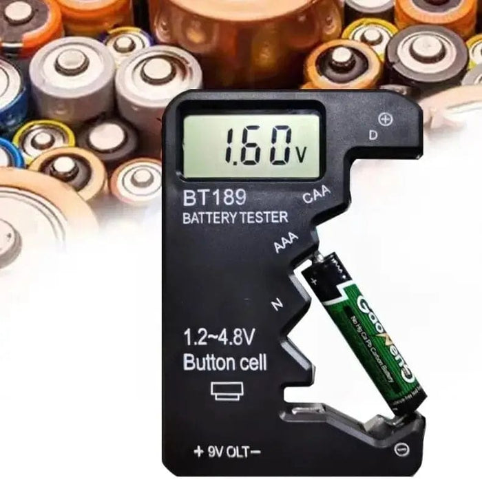 Battery tester for button cell, AA, AAA, C, D, 9V, 14500, 16340 batteries from That Watch Shop, showing testing probes and display.