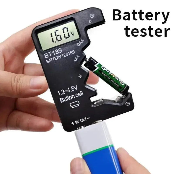 Battery tester for button cell, AA, AAA, C, D, 9V, 14500, and 16340 batteries with digital display from That Watch Shop.