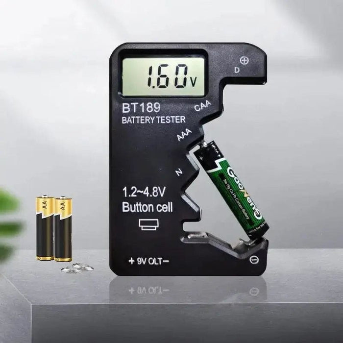 Battery tester device for button cell, AA, AAA, C, D, 9V, 14500, 16340 batteries, showing test results on digital display.