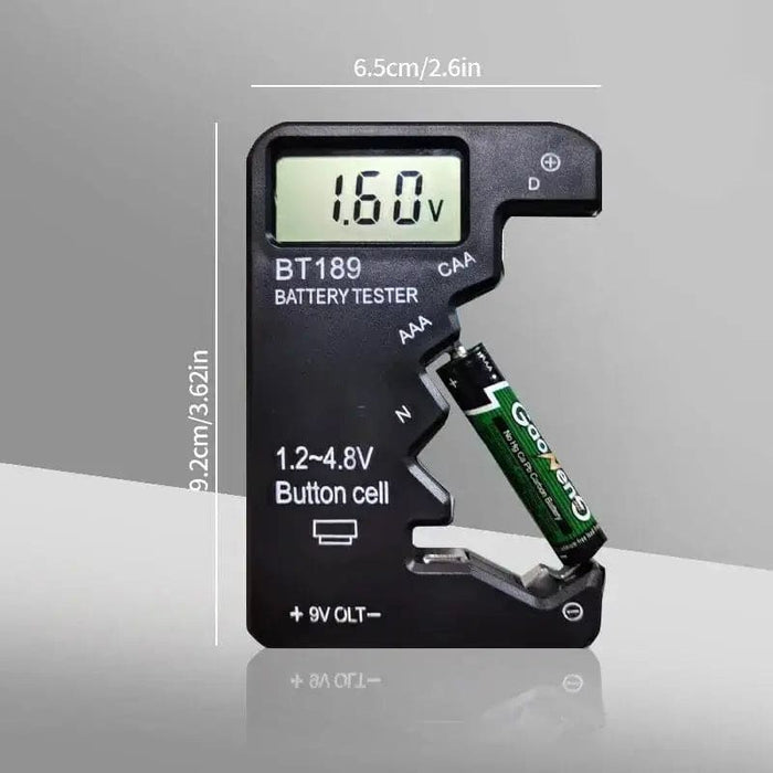 Battery tester device for button cell, AA, AAA, C, D, 9V, 14500, and 16340 batteries showing testing screen and buttons.