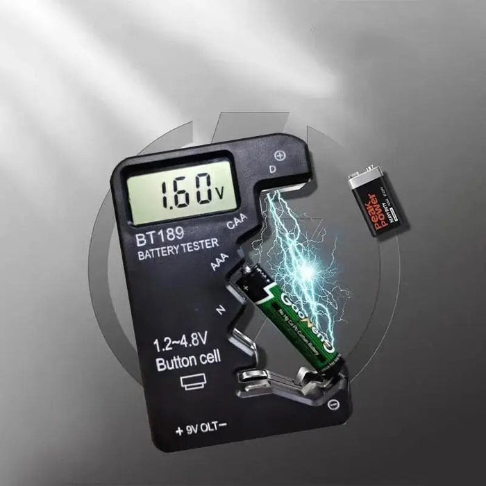 Battery tester device for button cell, AA, AAA, C, D, 9V, 14500, and 16340 batteries, showing testing screen and probes.