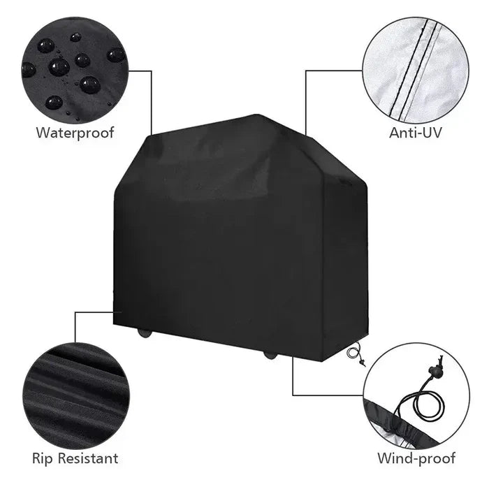Heavy-duty SS BBQ grill cover from Habicare, available in multiple sizes, protects grill from weather and outdoor elements.