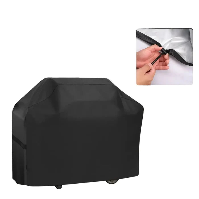 Heavy-duty black SS BBQ grill cover by Habicare protecting a grill from outdoor elements.