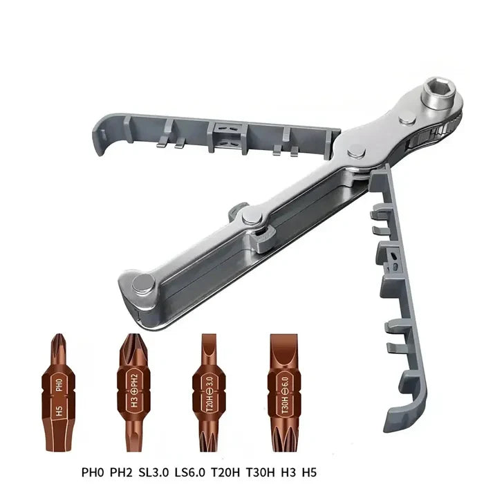 Habicare HBC bidirectional right-angle ratchet screwdriver set with multiple bits and ergonomic handle for versatile use.
