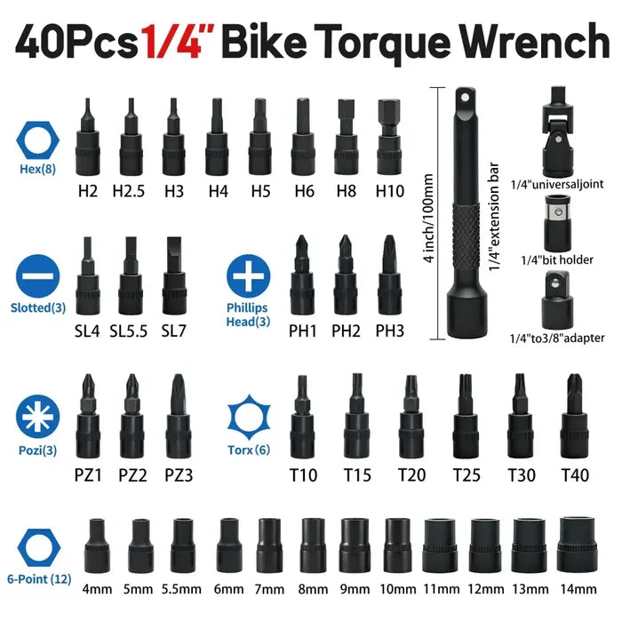 Habicare HBC 40-piece bike digital torque wrench set with 1/4-inch drive, includes various torque tools and accessories.