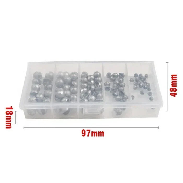 Set of 100 Habicare Bite Lead Fishing Accessories in stainless steel, featuring multiple hooks and clips for fishing tackle.