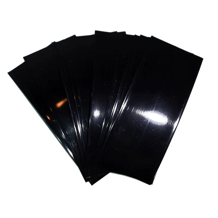 Black 18650 battery wraps in a pack of 50, made of black vinyl, designed for protecting and insulating 18650 batteries.