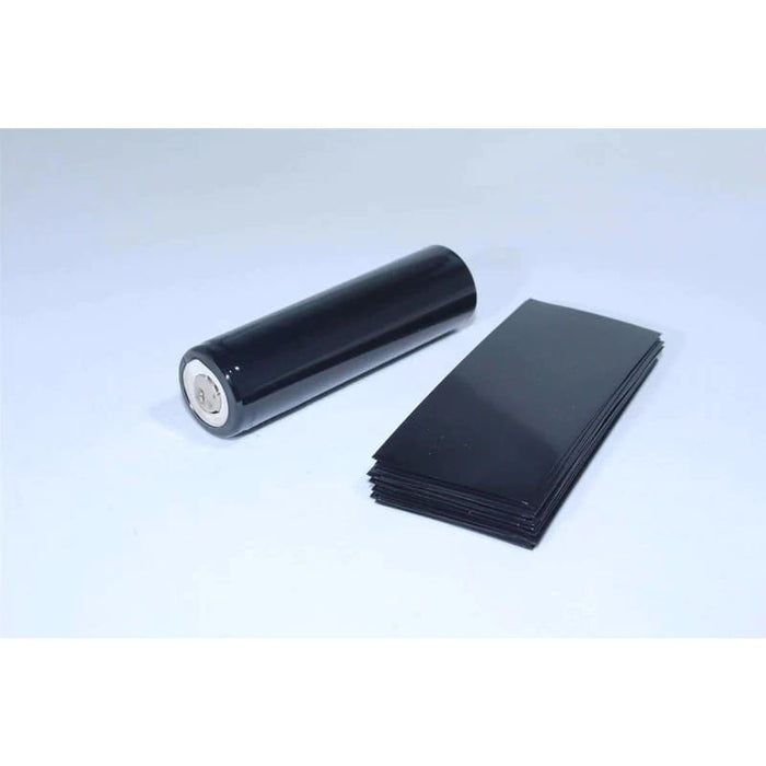 Black 18650 battery wraps in a pack of 50, made of plastic, designed to protect and insulate 18650 batteries.