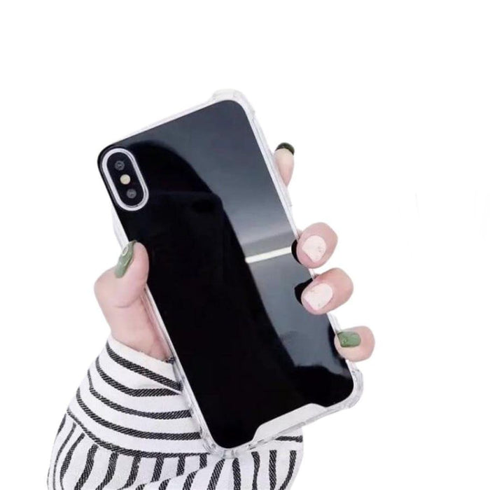 Black 9eight5 iPhone XS Max mirror case with sleek design and reflective surface, protects and enhances the phone’s appearance.