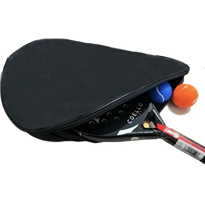 Black 9eight5 Habicare padel racket bag with shoulder strap and multiple compartments for tennis gear storage.