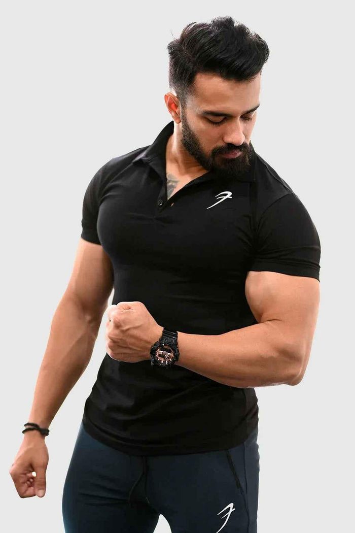 Black Polo T-shirt from Fuaark Nz featuring a classic polo collar and comfortable fit for timeless style.