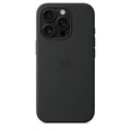 Black silicone case for iPhone 16 Pro (6.1-inch) by 9eight5, showing a snug fit and smooth texture for protection.