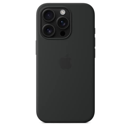 Black silicone case for iPhone 16 Pro (6.1-inch) by 9eight5, showing a snug fit and smooth texture for protection.