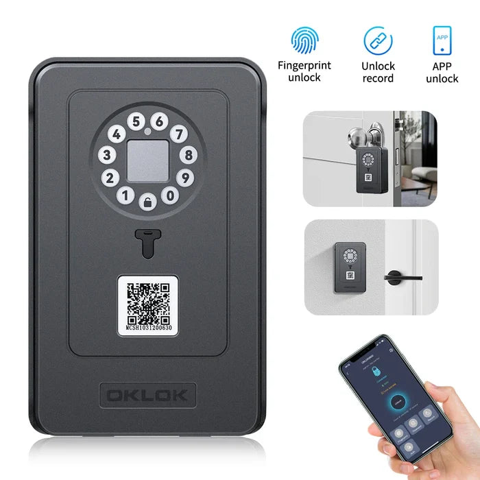 Habicare Bluetooth fingerprint key lock box, HBC model, showing the sleek black lock with keypad and fingerprint scanner for secure storage.