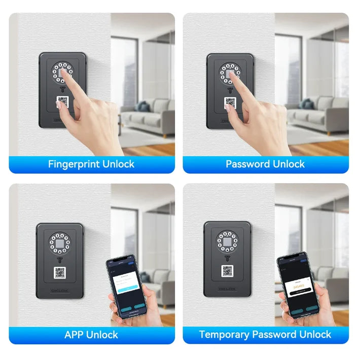 Habicare Bluetooth fingerprint key lock box with digital keypad, compact security storage for keys and small valuables.