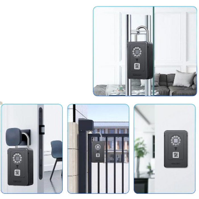 Habicare Bluetooth fingerprint key lock box with digital keypad and fingerprint scanner, mounted on a wall for secure storage
