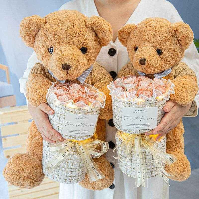 BlushBear: Cute Birthday Bear with Forever Rose Bouquet - Goodlifebean Stuffed Animals