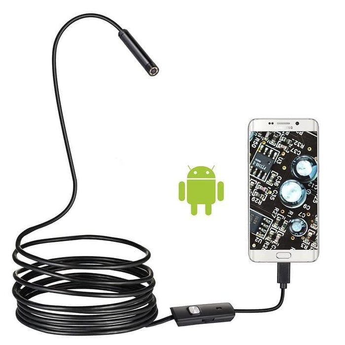 9eight5 borescope inspection camera for phones and tablets, with Type-C and Micro-USB connectors for Android devices.