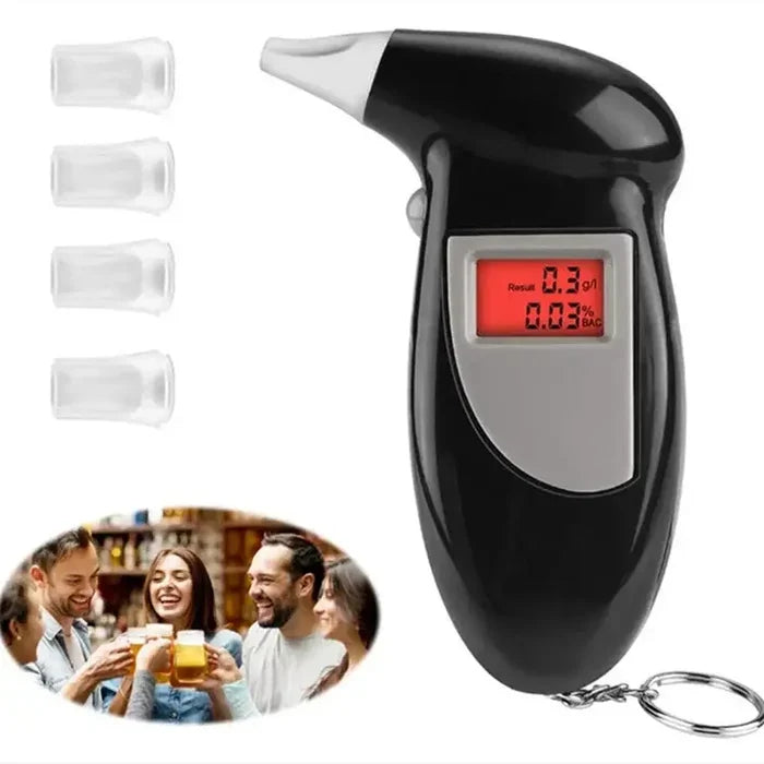 Habicare HBC Breathalyzer with extra mouthpieces displaying digital screen and sensor, used for alcohol level testing.