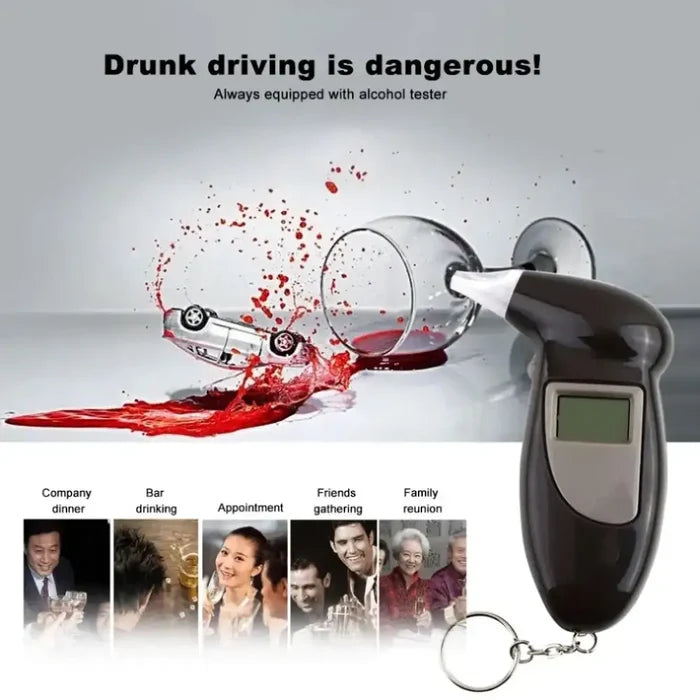 Habicare HBC Breathalyzer with extra mouthpieces, compact device for alcohol level testing, shown on a white background.