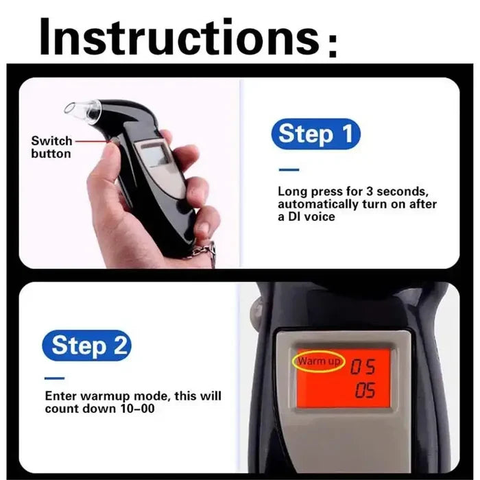 Habicare HBC breathalyzer with extra mouthpieces showing digital display and sleek design for alcohol level testing.