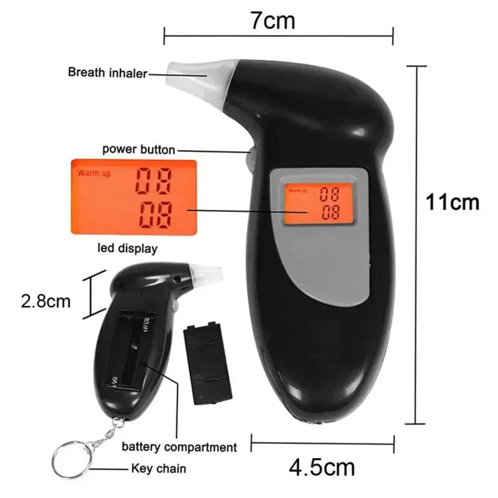 Habicare HBC breathalyzer with extra mouthpieces showing digital display and compact design for accurate alcohol testing.