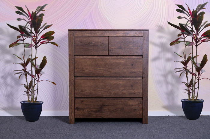 Dark oak tall boy dresser from sue-e furniture's Byron collection, featuring multiple drawers and sleek modern design.