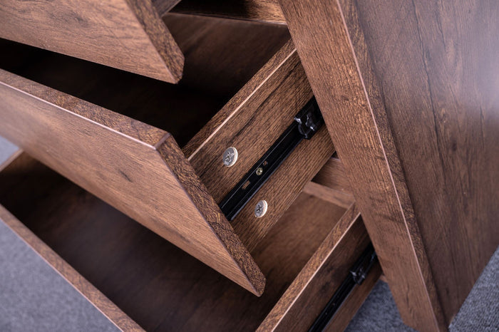 Dark oak tall boy dresser from sue-e furniture's Byron collection, featuring multiple drawers and sleek modern design.