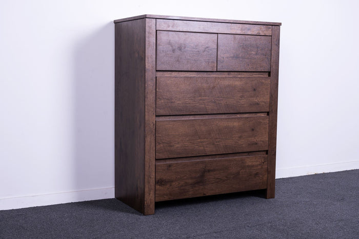 Dark oak tall boy dresser from sue-e furniture's Byron collection, featuring multiple drawers and sleek modern design.