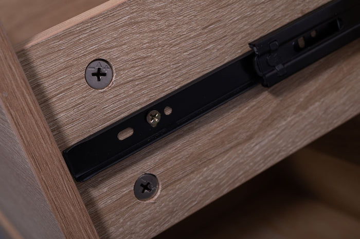 Light oak Sue-e Furniture Byron bedside table with a sleek design and storage drawer, ideal for bedroom decor.