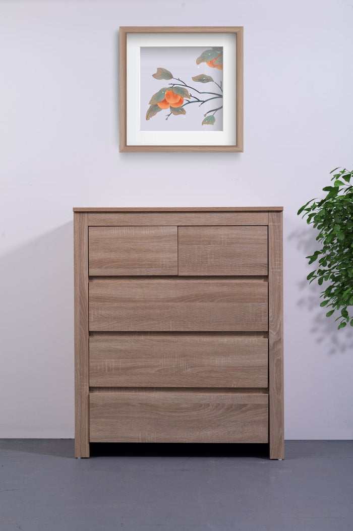 Light oak tall boy dresser from sue-e furniture featuring multiple drawers and sleek modern design.