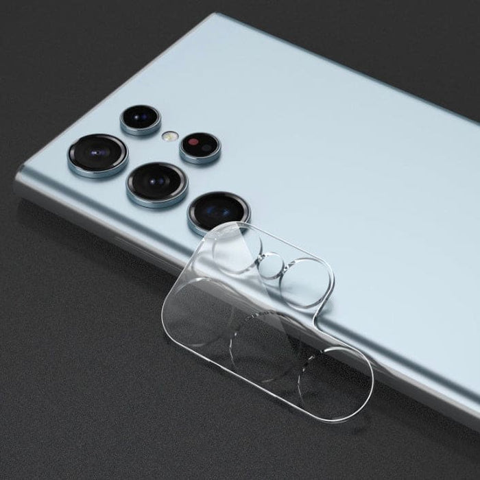 Two 9eight5 camera screen protectors for Samsung Galaxy S23 Ultra, designed to protect the camera lenses from scratches.
