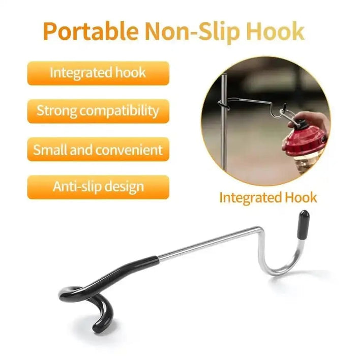 9eight5 camping multi-use hook attached to a tent pole, versatile tool for camping and outdoor gear organization.