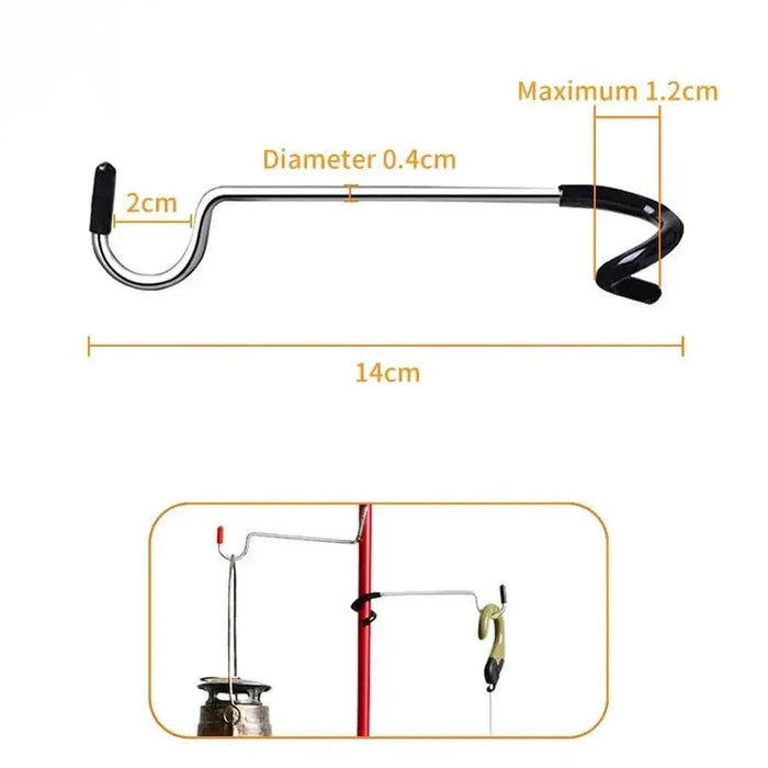 9eight5 camping multi-use hook attached to a tent pole, versatile tool for outdoor camping and gear organization