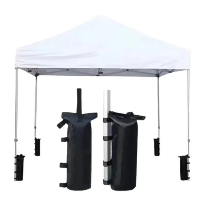 Habicare SS camping sandbags for umbrella, gazebo, and tent bases, shown securing outdoor shelter in outdoor setting.