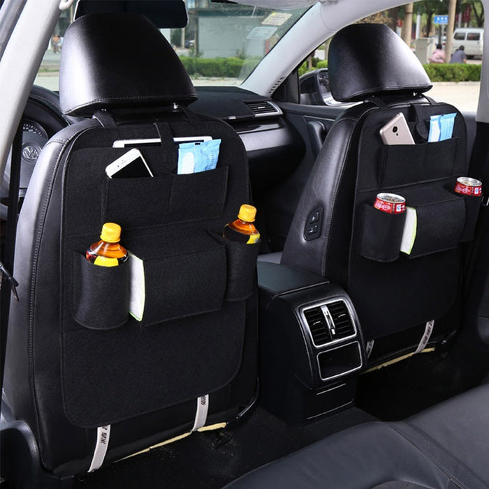 Black PVC leather car back seat storage bag with multiple pockets and iPad mini holder, designed for organized backseat storage.