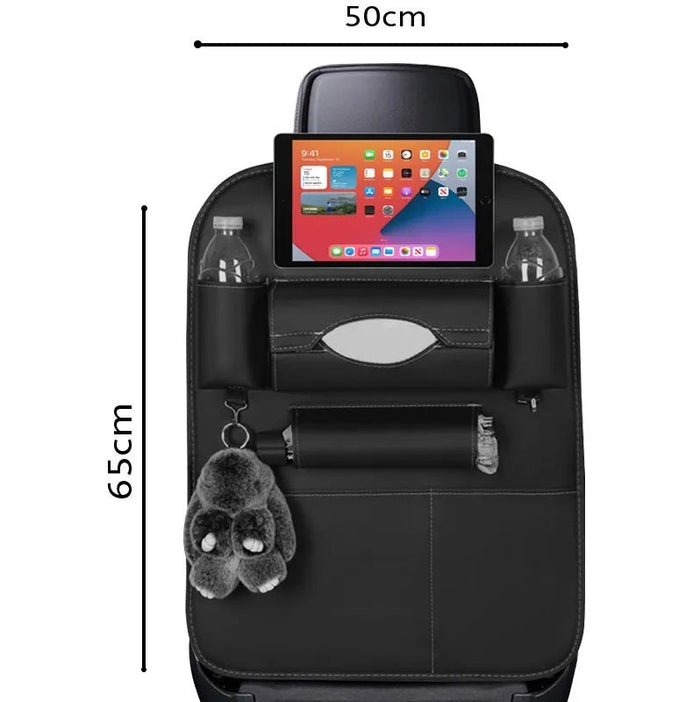 Black PVC leather car back seat storage bag with multiple pockets and iPad Mini holder, designed for organization and convenience.