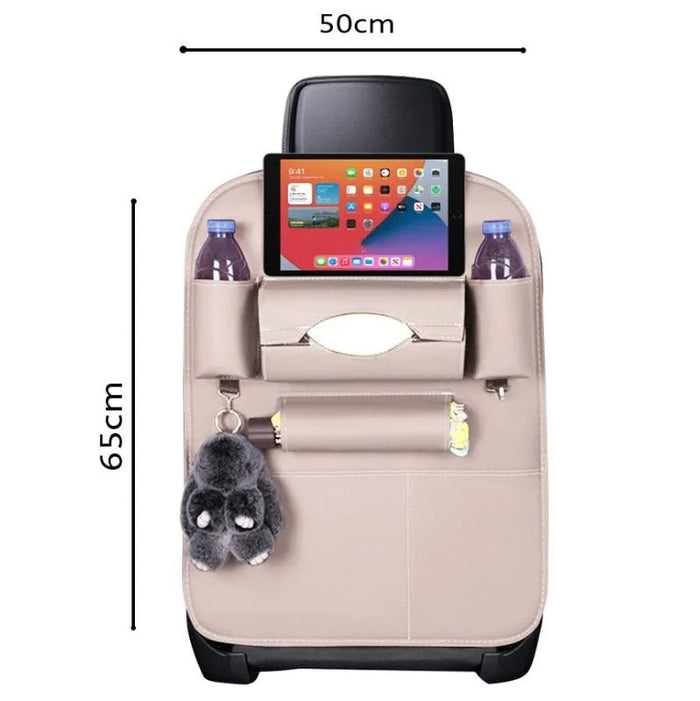 White car back seat storage bag with multiple pockets, ideal for organizing backseat essentials.