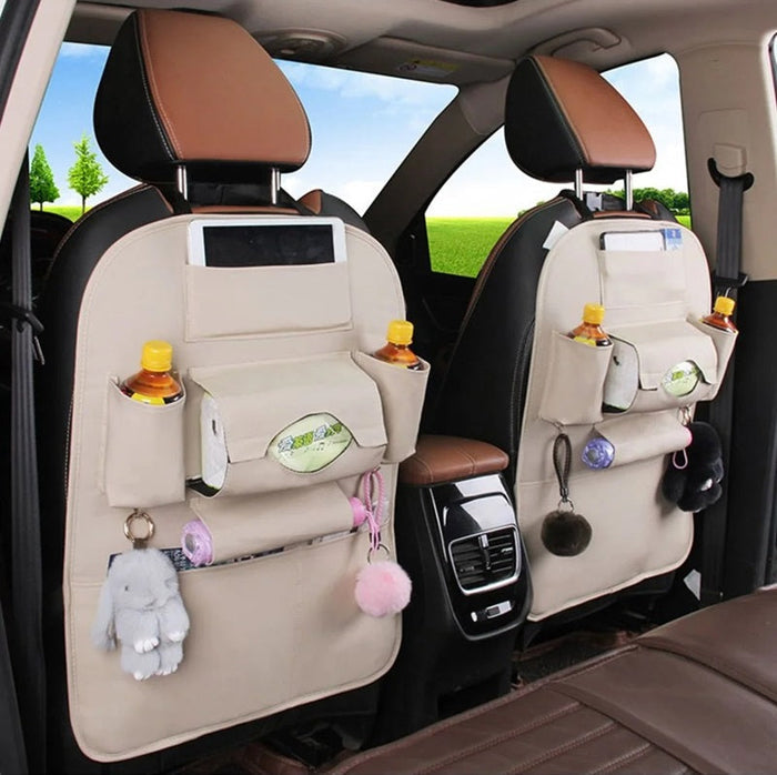 White multi-pocket car back seat storage organizer bag from dealonline.co.nz, ideal for keeping essentials tidy in the vehicle.