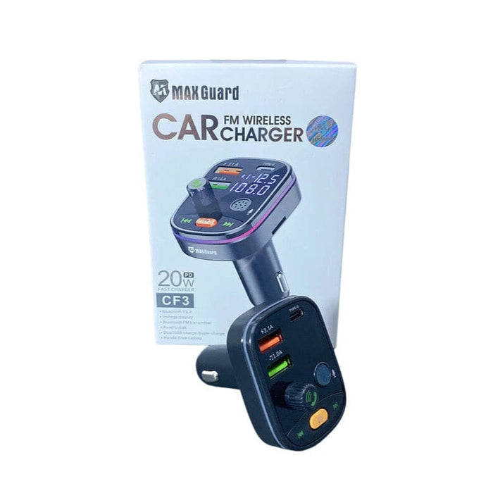 9eight5 Maxguard Car Charger and Bluetooth Kit with USB ports and audio controls, compatible with smartphones inside a vehicle.