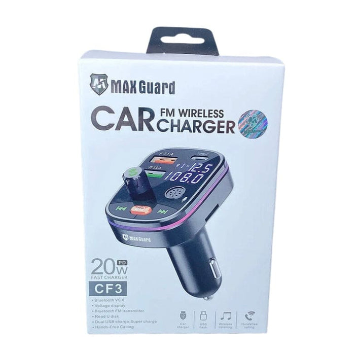 9eight5 Maxguard car charger and Bluetooth kit connected to a vehicle's dashboard with USB ports and Bluetooth controls visible.