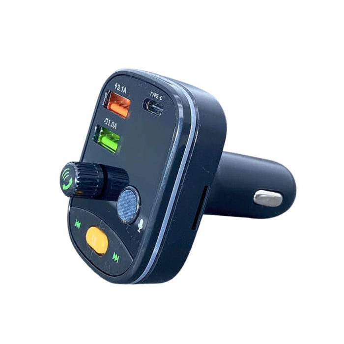 9eight5 Maxguard car charger and Bluetooth kit with USB ports and audio controls visible on a vehicle dashboard.