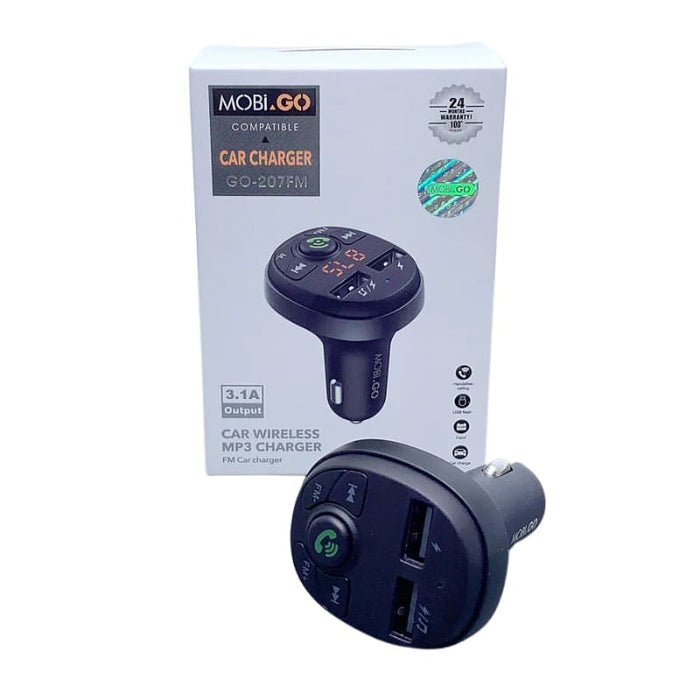 9eight5 Mobigo car charger and Bluetooth kit with USB ports, compact design, and integrated Bluetooth receiver for hands-free calls.