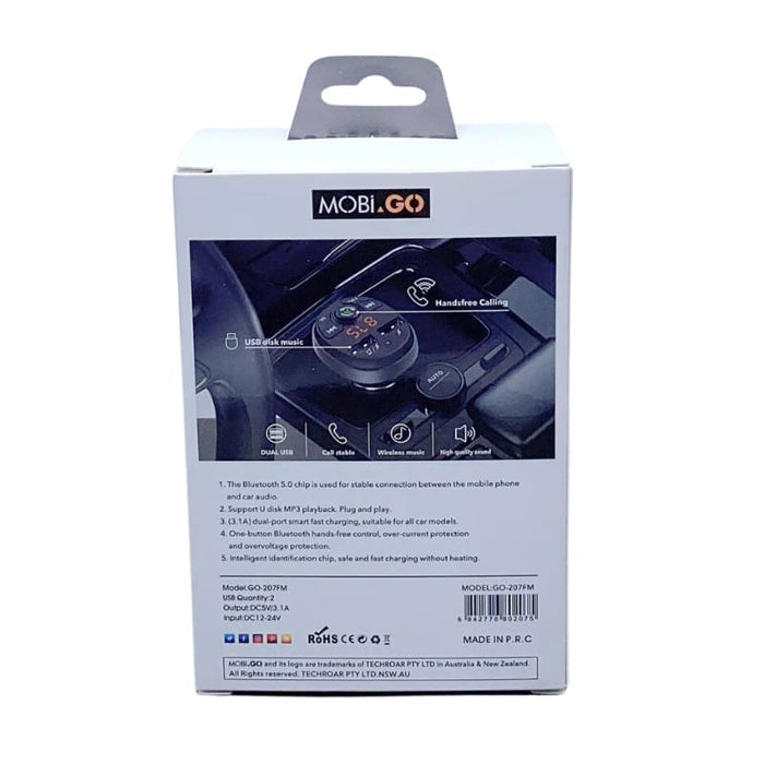9eight5 Mobigo car charger and Bluetooth kit connected to a vehicle's dashboard, showcasing compact electronics accessories.