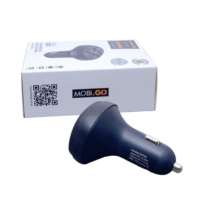 9eight5 Mobigo car charger and Bluetooth kit attached to a vehicle's dashboard with cables and controls visible.