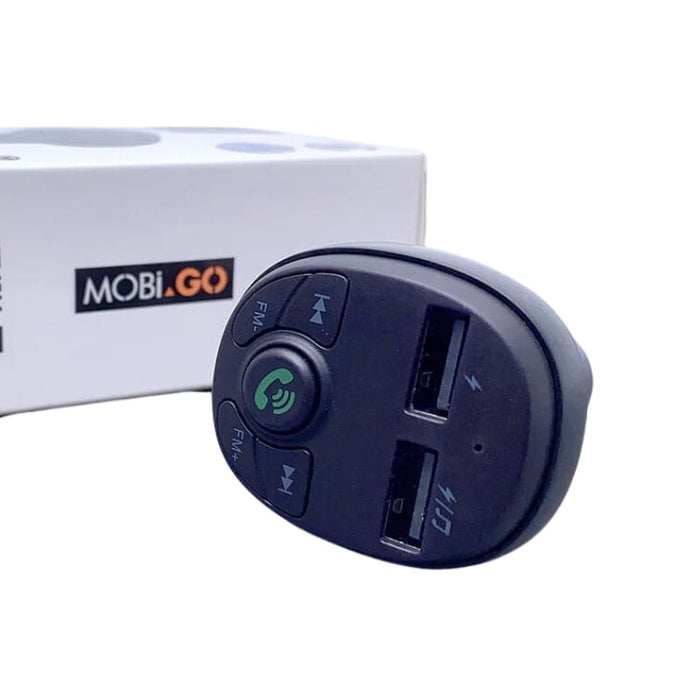 9eight5 Mobigo car charger and Bluetooth kit connected to a vehicle's dashboard for hands-free calls and device charging.
