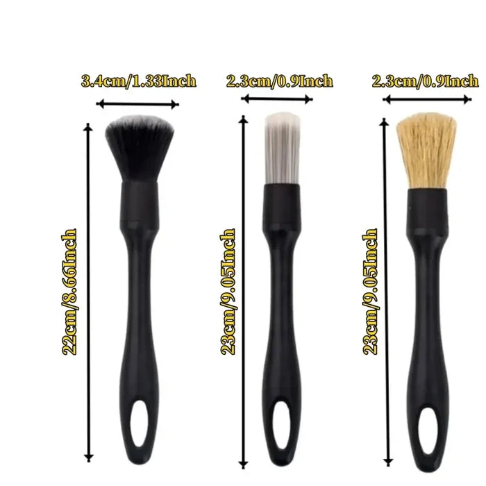 Set of 4-5 Habicare HBC car detailing brushes with various sizes and shapes for thorough cleaning of vehicle interiors and exteriors.
