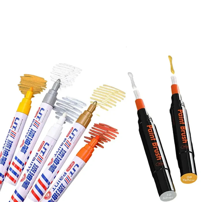 Habicare Car Scratch Repair Pen waterproof in 12 colors, showing the pen with color options and a car surface with scratches.