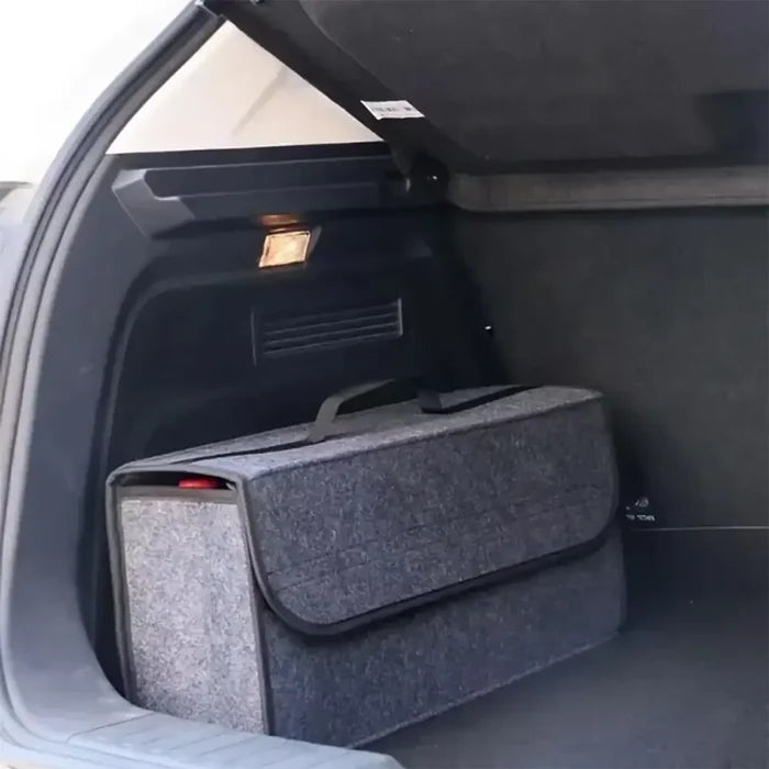 Large Habicare car storage box with non-slip base, portable organizer for vehicle, available in two sizes.